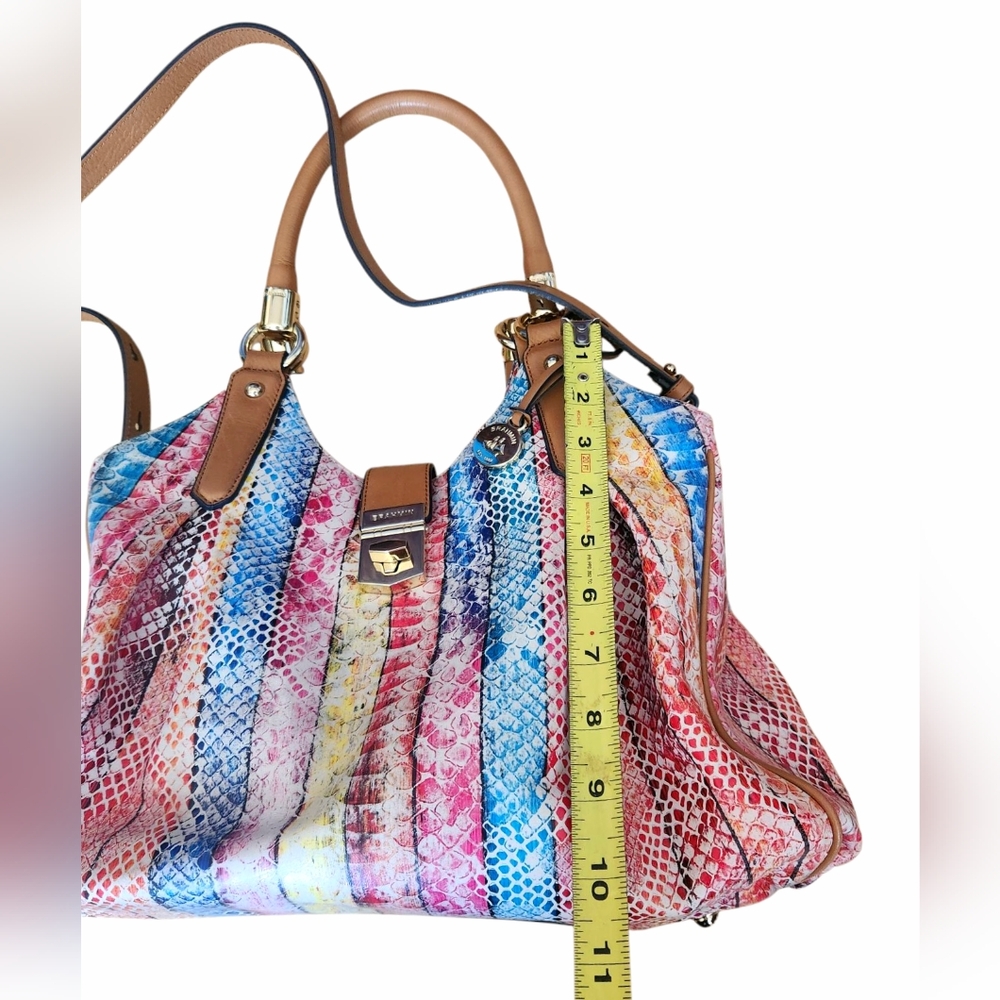 Brahmin Elisa Leather Satchel Bag Snake Print Rainbow Beige Long Strap Charm - Picture 14 of 16